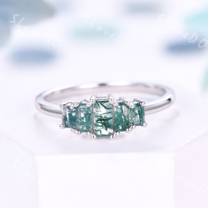 Vintage Moss Agate Engagement Ring: Baguette Art Deco Sterling Silver