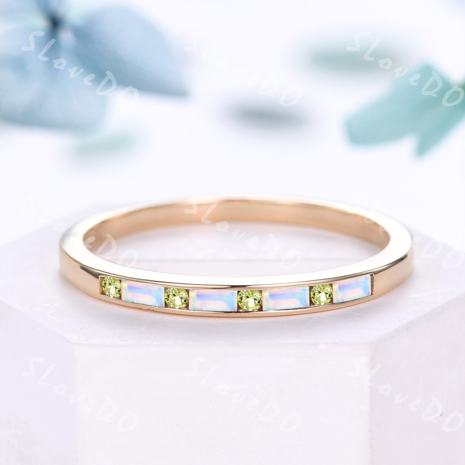 Minimalist Baguette Cut Opal Wedding Band,Dainty Green Peridot Ring,Solid Gold Stack Ring,Matching Band,Women Promise Gift,Channel Setting