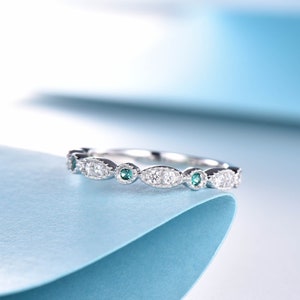 Emerald Diamond Half Eternity Band Half Way Marquise Wedding Ring Emerald Gemstone Band Diamond Stacking Ring, Gold Ring with Diamonds