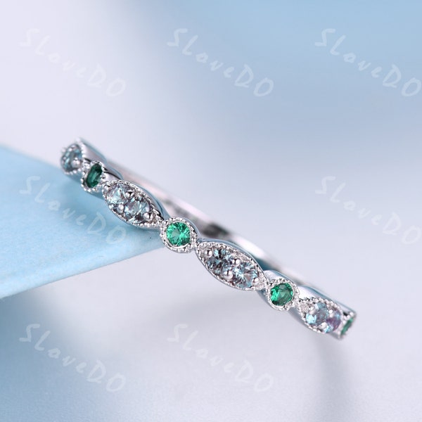 Emerald Alexandite Half Way Marquise Wedding Ring Emerald Gemstone Band June Birthstone Stacking Ring,Platinum Ring,Matching Band Customized