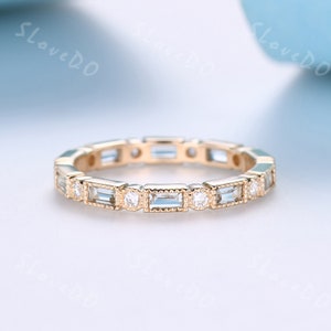 Anillo de eternidad con diamantes y aguamarina baguette, alianza de oro de 14 k