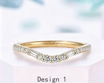 Baguette & Round Moissanite Diamond Contour Band 14K Yellow Gold Curved Half Eternity Wedding Band for Women Dainty Bridal Ring Gift for Her