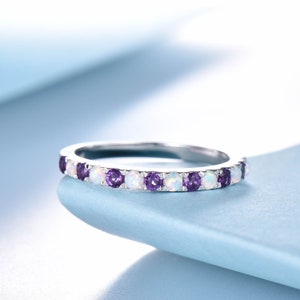 Opal Amethyst Wedding Ring Half Eternity Band Opal Gold Ring February Birthstone Ring Gemstone Band Solid White Gold Anniversary Gift