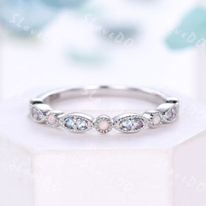 14K White Gold Rings Opal and Alexandrite Half Eternity Wedding Band Anniversary Gift Matching Stacking Band Art Deco Bridal Promise Ring