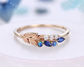 Marquise Cut Blue Sapphire Wedding Band with Opal Sterling Silver Olive Branch Blue Ring Personalized Birthstone Wedding Ring for Women