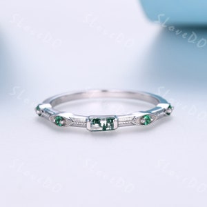 Zierliche Moss Achat Ehering, Grüner Achat Smaragd Stapelring, Baguette Moos Achat Matching Band, Minimalistischer Schmuck, Weißgold Frauen Ring