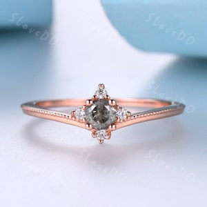 Zierlicher Salz Pfeffer Diamant Ring,Art Deco Ehering,14k Rose Gold Verlobungsring,Milgrain Diamant Ring,Petiter Ring,Ring Geschenk für Frauen