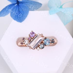 Baguette Pink Morganite engagement ring,Cluster ring,Multicolor ring,Blue Topaz Amethyst Moissanite Wedding Band Matching Band,Gift for Her