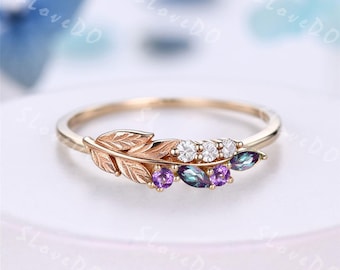 Marquise Cut Alexandrite Amethyst Olive Branch Ring Custom Wedding Ring Dainty Leaf Nature Stacking Cluster Alexandrite Wedding Band Women