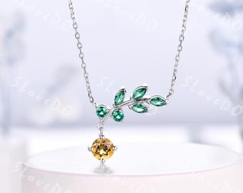 Dainty Yellow Citrine Pendant Necklace Marquise Emerald Leaf Branch Necklace Natural Gemstone Unique layering Birthstone Necklace Women Gift