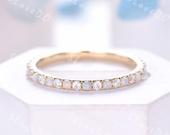 Eternity Band,Opal Moissanite Wedding Ring,Yellow Gold Ring,October Birthstone,Opal Wedding Band,Matching Band,Anniversary Ring,Gift for Her