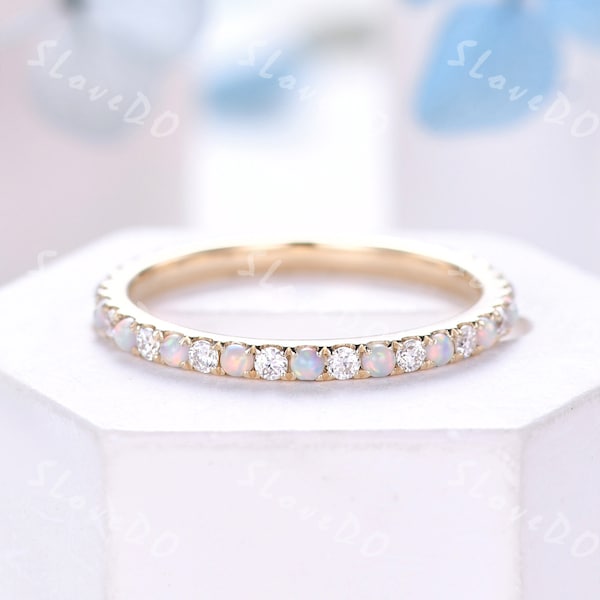 Opal Moissanit Eternity Band: Ehering Sterling Silber Gelbgold