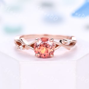 Minimalist Round Padparadscha Sapphire engagement ring Art Deco Twig Moissanite Wedding Band Vine Ring 14K Rose Gold Women Anniversary Gift