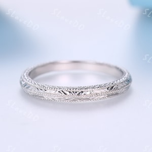 10K/14K/18K White Gold Filigree Milgrain Edge Wedding Band Matching Band Stacking Ring Anniversary Ring Retro Vintage Floral Design Ring