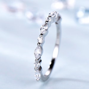 Unique Moissanite Band Art Deco Half Eternity Ring Marquise Moissanite White Gold Women Moissanite Alternating Matching Bridal Ring Gift