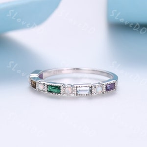 Multicolor Birthstone Ring,Baguette Aquamarine,Emerald,Amethyst,Citrine Wedding Band,White Opal Ring,Half Eternity Matching Band,Custom Ring