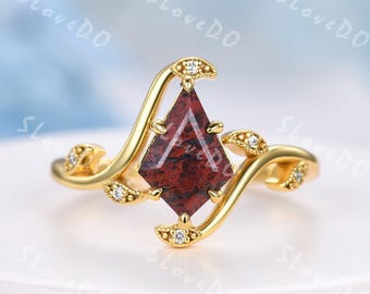 Kite Cut Bloodstone Engagement Ring Leaf Branch Bypass Wedding Ring Natural Blood Stone Wedding Ring Gold Plated Ring Anniversary Women Gift