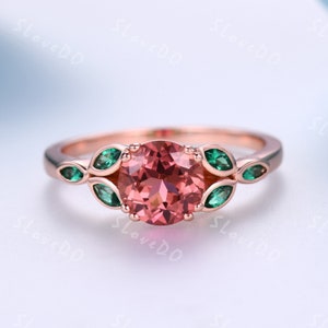 1.2ct Round Cut Padparadscha Sapphire Ring,Marquise Shaped Emerald Ring,14k Rose Gold,Sapphire Promise Ring,Anniversary Gift For Your Lover