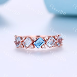 Swiss Blue and Sky blue Topaz Ring, Baguette Topaz and Natural Diamond Half Eternity Band, Diamond Band,November Birthstone, Engagement Ring
