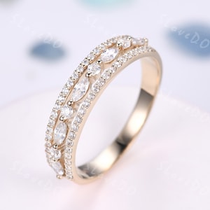 Diamond Moissanite Wedding Band 10K 14K 18K Solid Gold Stacking Ring handcrafted three row Marquise and Round Shape Diamond Engagement ring