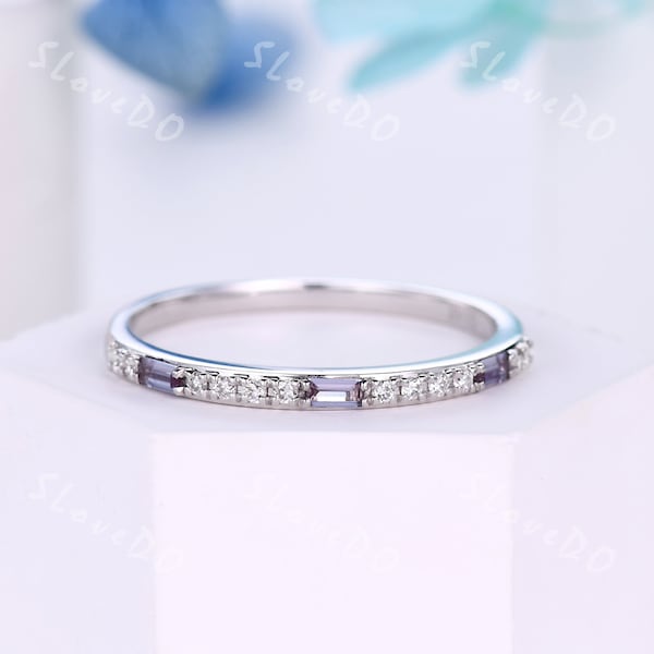 Alexandrite Diamond Wedding Band: Sterling Silver Half Eternity Ring