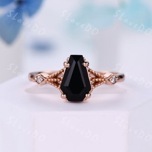 Vintage Coffin Shaped Black Onyx Engagement Ring,Rose gold diamond Ring,Art Deco Black Gemstone Wedding Band,Antique Black Agate Bridal ring