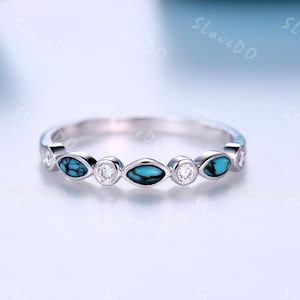 14K White Gold Ring Unique Turquoise Wedding Band Art Deco Natural Diamond Wedding Ring Matching Band Stacking Ring Anniversary Gift