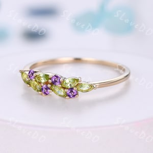 Vintage Peridot Wedding Band,14k Solid Gold Ring,Cluster Marquise Peridot Amethyst Ring,August Birthstone Ring,Stacking Band,Gift for Women image 5