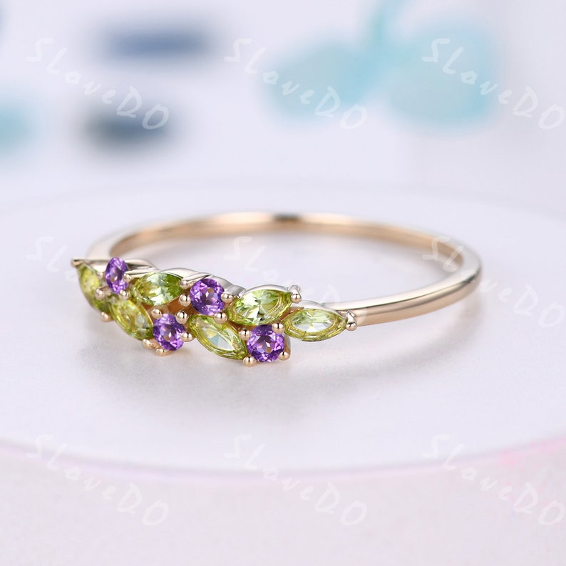 Vintage Peridot Wedding Band,14k Solid Gold Ring,Cluster Marquise Peridot Amethyst Ring,August Birthstone Ring,Stacking Band,Gift for Women image 5