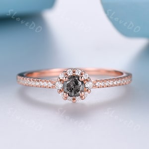 Art Deco Salt and Pepper Diamond Engagement Ring Dainty Halo Ring Stackable Ring 14k Rose Gold Diamond Matching Band Anniversary Ring Gift