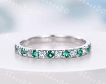 Sky Blue Topaz & Emerald Wedding Band Eternity Pave Matching Band Birthstone Stacking Ring Personalized Silver Ring Birthday Gift for Her