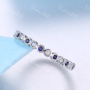 Blue Sapphire Wedding Band Full Eternity Opal Wedding Ring 14K Rose Gold Art Deco Stacking Matching Band Anniversary Ring Gifts for her