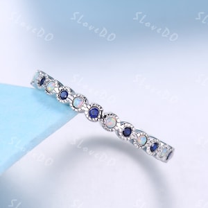 Opal & Blue Sapphire Wedding Band: 14K Rose Gold Eternity Ring