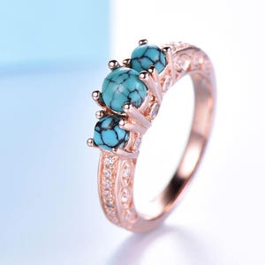 Turquoise Engagement Ring Rose Gold Solid 10K/14K/18K Moissanite Matching Band Diamond handcrafted Three Stone design