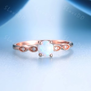 Dainty Opal Engagement Ring, White Opal Engagement Ring, Rose Gold Ring for Women, Delicate Promise Ring, Art Deco Wedding Ring, Bridal Ring