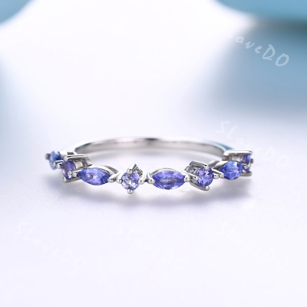 Natural Tanzanite Ring,Art Deco Women Tanzanite Wedding Band,Round and Marquise Gem Band,Stackable Band December Birthstone Sterling Silver