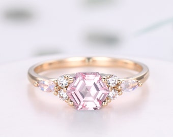 Hexagon Cut rosa Saphir Verlobungsring 14K Gold Marquise Mondstein Ring Art Deco Diamant Hochzeit Band Jahrestag Cluster Ring Frauen Geschenk