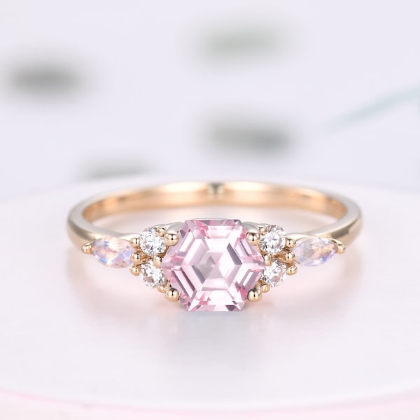 Hexagon Cut Pink Sapphire Engagement Ring 14K Gold Marquise Moonstone Ring Art Deco Diamond Wedding Band Anniversary Cluster Ring Women Gift