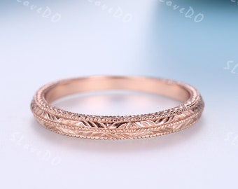 Rose Gold Filigree Wedding Band: Milgrain Edge Vintage Ring