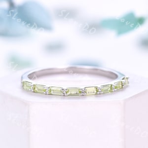 Vintage Peridot Engagement Ring Unique Baguette Cut Peridot Wedding Band Stackable Ring Solid Gold Ring August Birthstone Bridal Women Gift