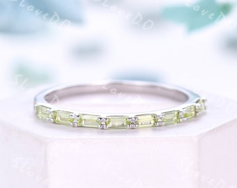 Vintage Peridot Engagement Ring Unique Baguette Cut Peridot Wedding Band Stackable Ring Solid Gold Ring August Birthstone Bridal Women Gift