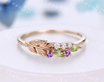 Natural Peridot Amethyst Wedding Band Sterling Silver Olive Branch Dainty Cluster Ring Nature Inspired Minimalist Bridal Band for Women