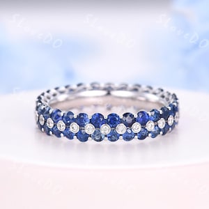 Blue Sapphire Full Eternity Wedding Band Diamond Weeding Ring White Gold Pave Matching Ring Stackable Band September Birthstone Promise Gift