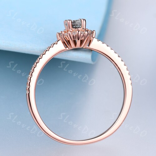 Art Deco Salt and Pepper Diamond Engagement Ring Dainty Halo Ring Stackable shops Ring 14k Rose Gold Diamond Matching Band Anniversary Ring Gift
