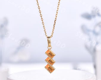 Baguette Natural Sunstone Pendant Necklace Family Birthstone Necklace Three Stone Necklace Genuine Sunstone Minimalist Gemstone Necklaces