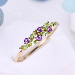 Vintage Peridot Wedding Band,14k Solid Gold Ring,Cluster Marquise Peridot Amethyst Ring,August Birthstone Ring,Stacking Band,Gift for Women