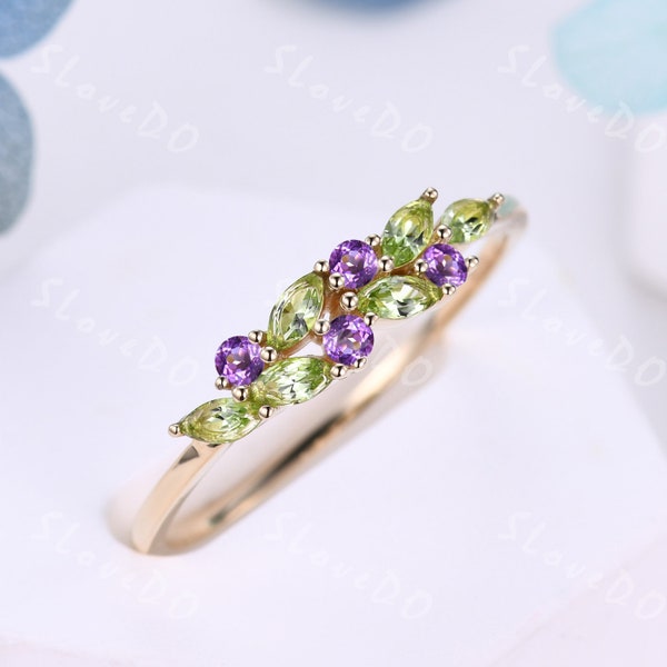 Vintage Peridot Wedding Band,14k Solid Gold Ring,Cluster Marquise Peridot Amethyst Ring,August Birthstone Ring,Stacking Band,Gift for Women