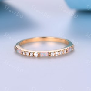 Opal Diamond Wedding Band Yellow Gold Rings for Women Half Eternity Wedding Ring Baguette Opal Ring October Birthstone Anniversary Gift