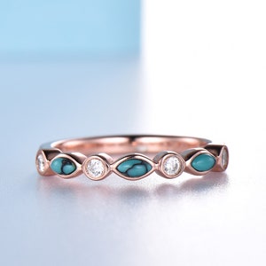 14K Gold Ring Unique Turquoise Wedding Band Art Deco Natural Diamond Wedding Ring Matching Band Stacking Ring Anniversary Gift