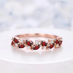 Garnet Opal Wedding Band,Art Deco Opal Stacking Band,Marquise Garnet Matching Band,14K Rose Gold Cluster Ring,October & January Birthstone
